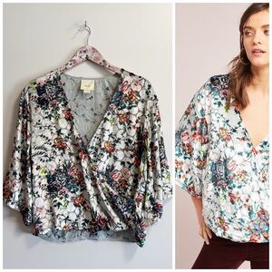 Anthropologie MAEVE Umi Wrap Surplice Top S Small Kimono Sleeve Floral Dot